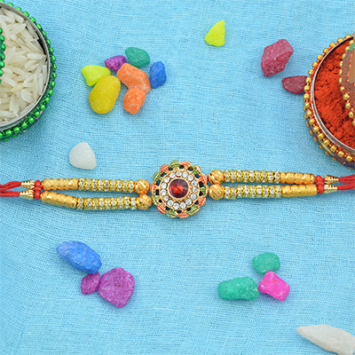 Amazing Work of Kundan Meena Golden Color Beads Rakhi