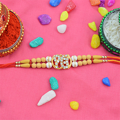 Jewel Studded Ik Onkar with Sandalwood Beads Sikh Rakhi 