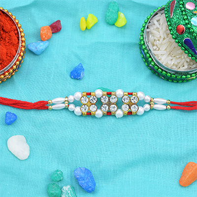 Stylish Looking Diamond and White Color Fancy Beads Rakhi