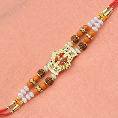 Rudraksha and Multi Color Beads Rakhi with Golden Work