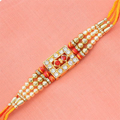 Multiple Thread Jewel Studded in Middle Golden Beads Rakhi for Brother