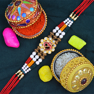 Auspicious Multi Colored Beads Floral Om Rakhi for Brother