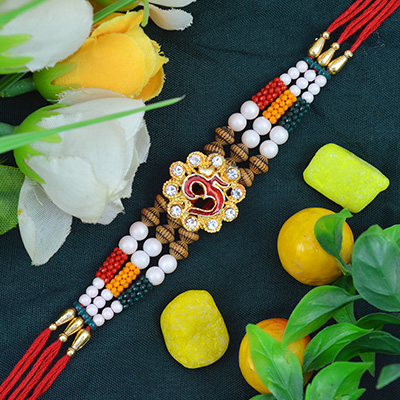 Auspicious Multi Colored Beads Floral Om Rakhi for Brother