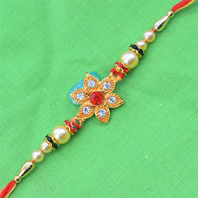 Floral Shape Red Jewel Diamond Polished Beads Rakhi