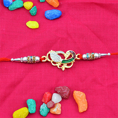 Silver Beads and Peacock in Middle Marvelous Beads Rakhi for Brother