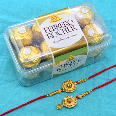 Golden Color Bhaiya Bhabhi Rakhi Set with 16 Pieces Ferrero Rocher Chocolate
