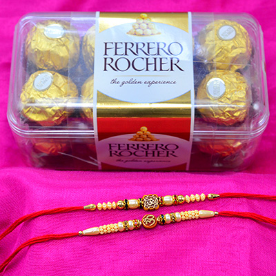 Om Written Sacred 2 Brother Rakhis with Ferrer Rocher Chocolate