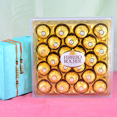 Golden Beaded Bhaiya Bhabhi Rakhi with Ferrero Rocher Big Chocolate