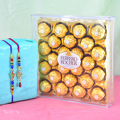 Big 24 Pieces Ferrero Rocher with Peacok Design Bhaiya Bhabhi Rakhis