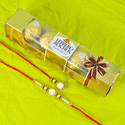 White Color Beaded Bhaiya Bhabhi Rakhi with 4 Pieaces of Ferrero Rocher