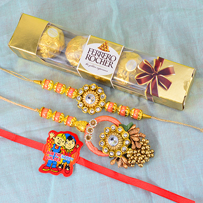 Beaded Golden Designed Bhaiya Bhabhi Rakhi with Small Kid and Ferrero Rocher Chocolate