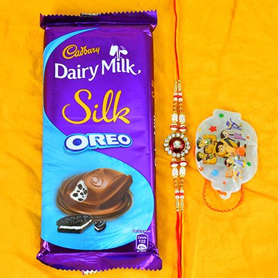 Jewel Studded Brother Rakhi with Kid Rakhi and Cadbury Silk Oreo Chocolate