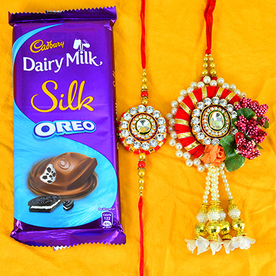 Rich Work Bhaiya Bhabhi Rakhi Set with Cadbury Silk Oreo Chocolate