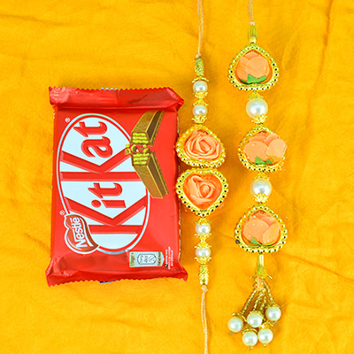 Floral Shape Bhaiya Bhabhi Rakhi Set with Tasty Nestle Kitkat Small