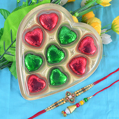 Kundan Meena Work Bhaiya Bhabhi Rakhi Set with Heart Shape Tasty Handmade Chocolate