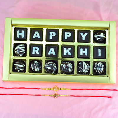Sacred Two Brother Rakhis with Happy Rakhi Written Handmade Chocolate