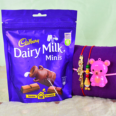 Teddy Bear Kid Rakhi with Bhaiya Bhabhi Rakhis Set and Cadbury Dairy Milk Minis