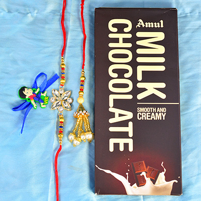 Brother Bhabhi and Kid Rakhi with Delicious Amul Milk Chocolate Creamy Chocolate