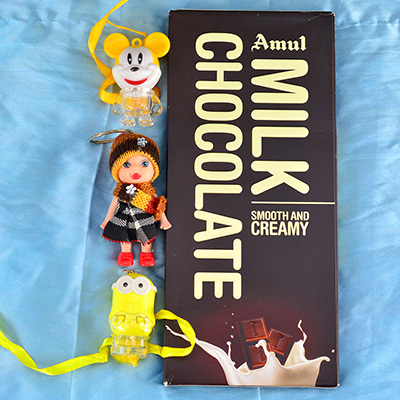 3 Toy Type Cartoon Kids Rakhi with Amul Milk Chocolate Creamy Chocolate