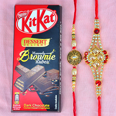 Pearl and Kundan Studded 2 Brother Rakhis with Kitkat Dessert Delight Brownie