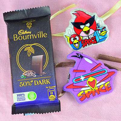 Angry Birds Space Game Kids Rakhis with Cadbury Bournville Chocolate Hamper