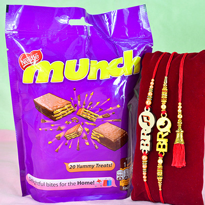 Modern 2 Brother Rakhis with 1 Lumba and Cadbury Nestle Munch Yummy Treats