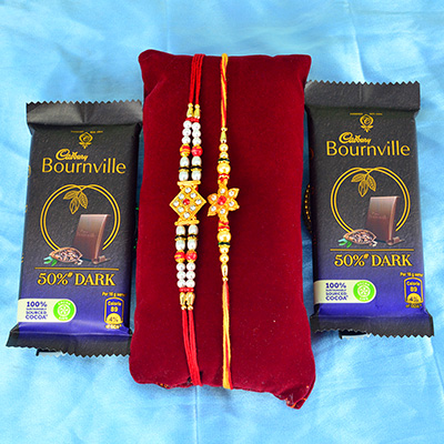 Cadbury Small Bournville Combo with 2 Beautiful Rakhis with Chocolate Hamper