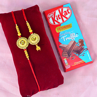 Golden Color Amazing Bhaiya Bhabhi Rakhi Set with Nestle Kitkat Truffle Small