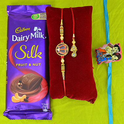 Family Rakhi Set of Brother Lumba and Kid Rakhi with Chocolate Cadbury Silk Fruit and Nut