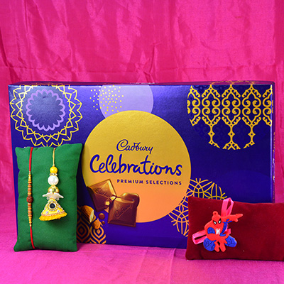 Family Set of Rakhis for Kid and Bhai Bhabhi with Silk Celebration Chocolate