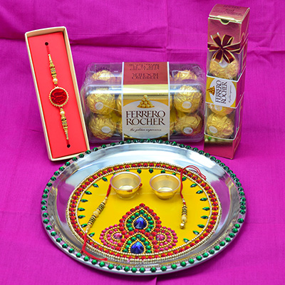 Ferrero Rocher Chocolates Hamper with One Rakhi and Rakhi Pooja Thali Hamper