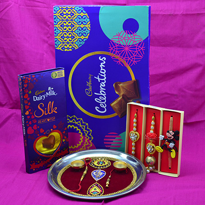Cadbury Dairy Milk Celebration and Silk Chocolate Hamper with Rakhis and Pooja Thali