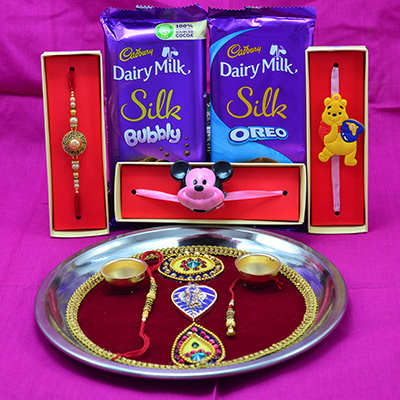 Silk Oreo and Bubbly Chocolate Hamper with Rakhi Puja Thali and Multiple Rakhis