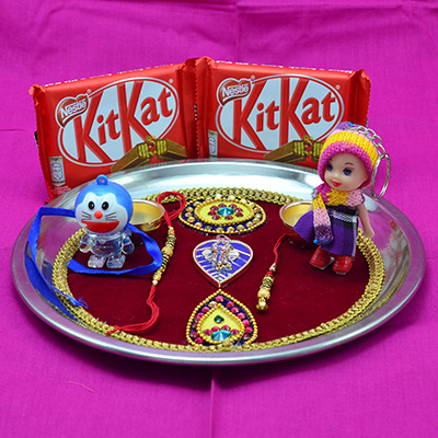Kitkat Chocolate Hamper with Kids and Bhaiya Bhabhi Rakhi and Rakhi Pooja Thali