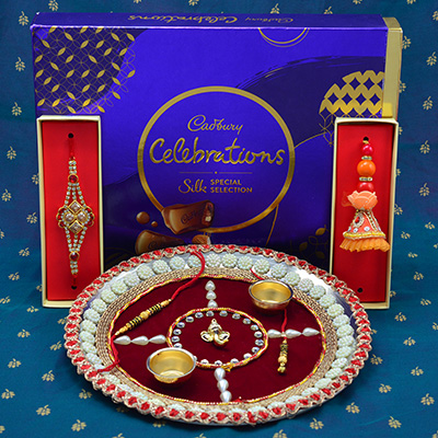 New Special Cadbury Celebration with Elegant Looking Rakhis and Rakhi Puja Thali Hamper
