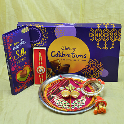 Cadbury Big Celebration and Silk Chocolates Hamper of Rakhi Pooja Thali and Chocolates