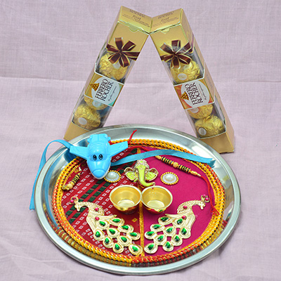Ferrero Rocher Chocolates and Pick Colored Sacred Ganesha Rakhi Pooja Thali and Chocolates Hamper