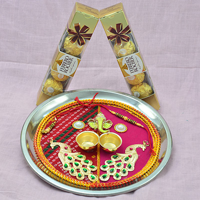 2 Four Pc Ferrero Rocher Chocolate with Ganesh and Peacock Rakhi Puja Thali
