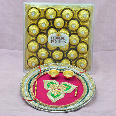 Tasty Ferrero Rocher Chocolates and Heavy Work Rakhi Pooja Thali Hamper