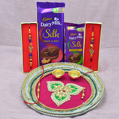 Dairy Milk Silk Chocolates with Stunning Looking Designer Rakhi Pooja Thali Hamper