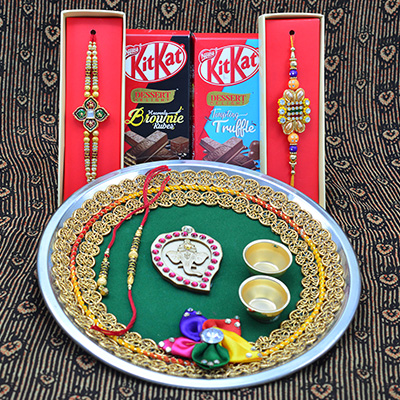 Nestle Kikat Brownie and Truffle Chocolates Hamper with Green Base Rakhi Pooja Thali