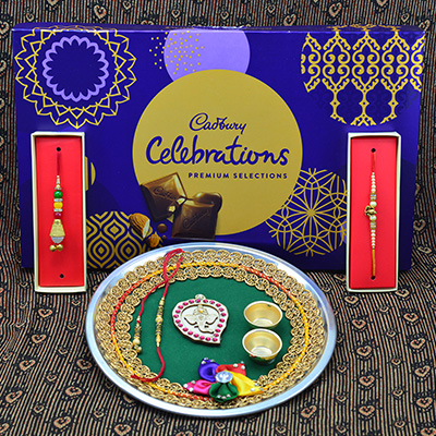 Big Cadbury Premium Celebration with 2 Bhaiya Bhabhi Rakhis and Amazing looking Rakhi Puja Thali Hamper 