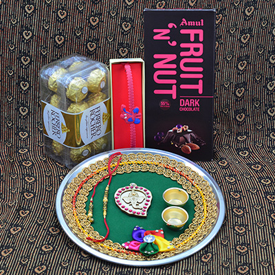 Amazing Combo of Ferrero Rocher Chocolate and Amul Chocolate Hamper with Rakhi Puja Thali