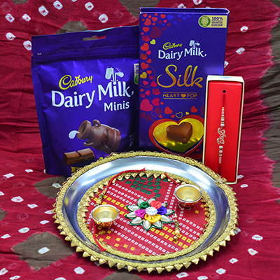 Dairy Milk Minis and Silk Chocolates Hampers with Rajasthani Design Rakhi Puja Thali