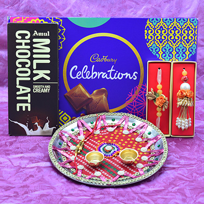 Amul Milk Chocolate and Cadbury Celebration Chocolate with Rakhi Pooja Thali Hamper