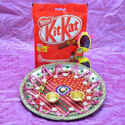 Nestle Kitkat Chocolate with Kid Goggles Rakhi and New Stylish Looking Rakhi Pooja Thali