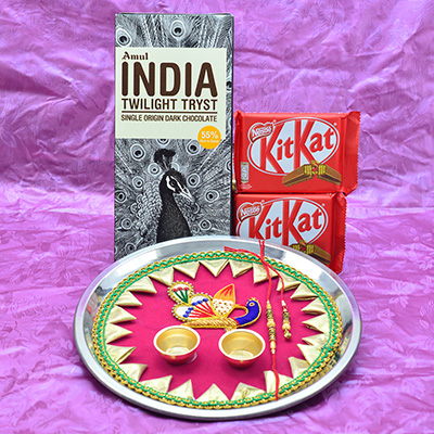 Amul and Nestle Kitkat Chocolate Hamper with Flower Design Pink Rakhi Pooja Thali 