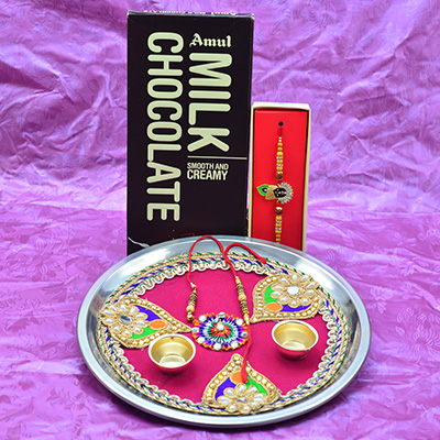 Rich Working Amazing Looking Rakhi Pooja Thali with Amul Dark Milk Chocolate Hamper