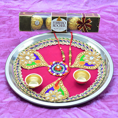 4 Pc Ferrero Rocher With Pink Base Elegant Looking Rakhi Pooja Thali for Raksha Bandhan