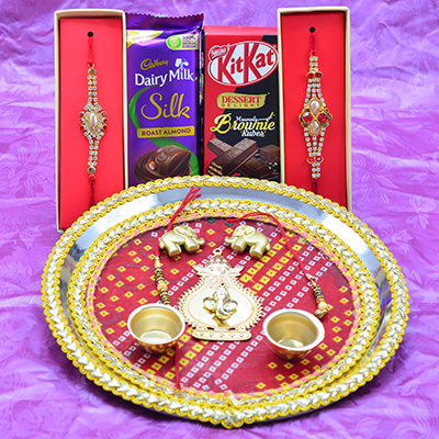Kitkat and Dairy Milk Silk Chocolates Combos with Amazing Rakhis and Ganesha and Small Elephant Studded Pooja Thali